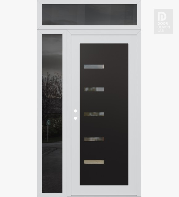 Modern Steel Front Door Diamond C8 52" x 96" white/white clear Glass Panel black RHI with Sidelite and Transom mirrored Glass