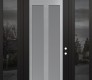 Modern Steel Front Door Diamond C14 68" x 96" black/white frosted Glass Panel stainless steel LHI with 2 Sidelites and Transom mirrored Glass