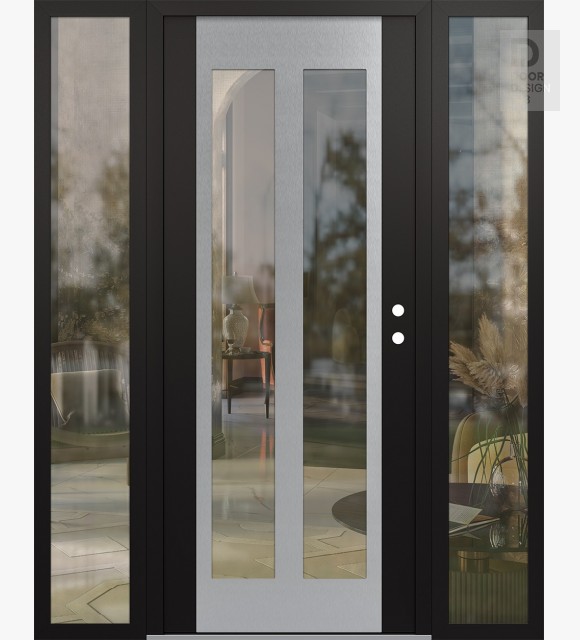Modern Steel Front Door Diamond C14 68" x 80" black/black clear Glass Panel stainless steel LHI with 2 Sidelites clear Glass