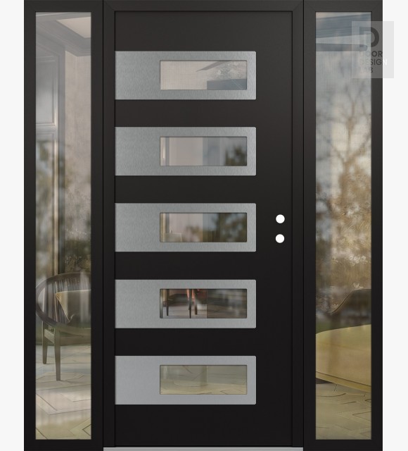 Modern Steel Front Door Diamond D3 60" x 80" black/black clear Glass Panel stainless steel LHI with 2 Sidelites clear Glass