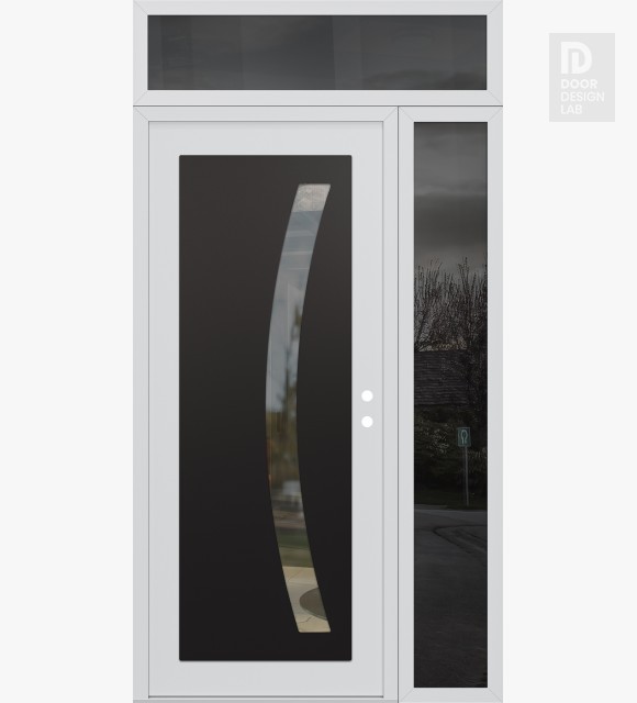 Modern Steel Front Door Diamond C4 48" x 96" white/white clear Glass Panel black LHI with Sidelite and Transom mirrored Glass