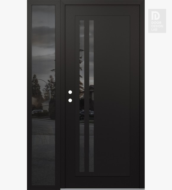 Modern Steel Front Door Diamond C6 48" x 80" black/black mirrored Glass Panel black RHI with Sidelite mirrored Glass