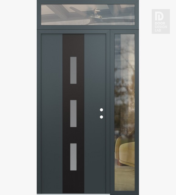 Modern Steel Front Door DIAMOND A7 50" X 96" ANTHRACITE/ANTHRACITE FROSTED GLASS PANEL BLACK LHI WITH SIDELITE AND TRANSOM CLEAR GLASS