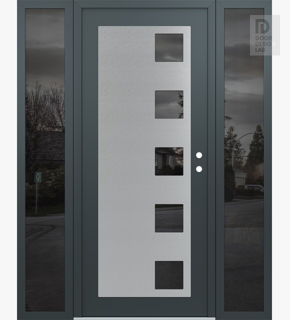 Modern Steel Front Door Diamond C5 60" x 80" anthracite/anthracite mirrored Glass Panel stainless steel LHI with 2 Sidelites mirrored Glass