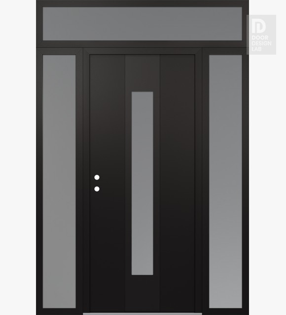 Modern Steel Front Door DIAMOND A1 64" X 96" BLACK/WHITE FROSTED GLASS PANEL BLACK RHI WITH 2 SIDELITES AND TRANSOM FROSTED GLASS