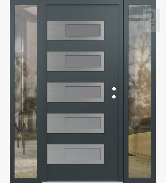 Modern Steel Front Door Diamond D3 68" x 80" anthracite/anthracite frosted Glass Panel stainless steel LHI with 2 Sidelites clear Glass