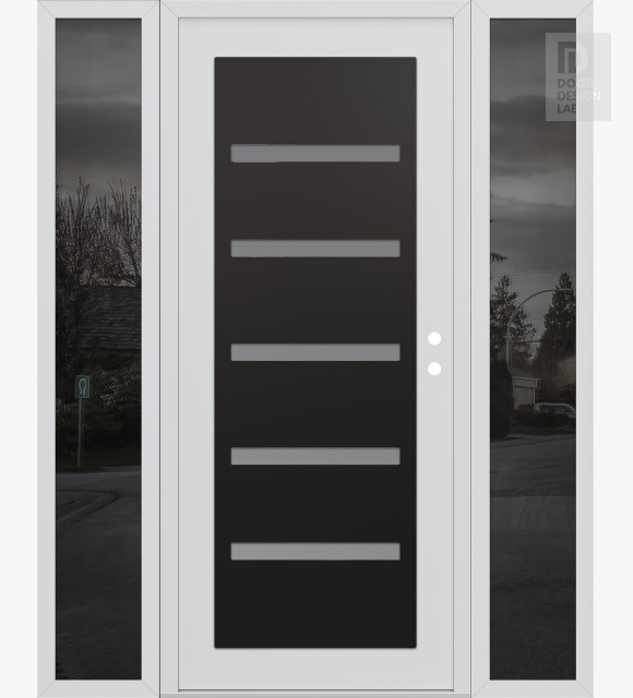 Modern Steel Front Door Diamond C7 60" x 80" white/white frosted Glass Panel black LHI with 2 Sidelites mirrored Glass