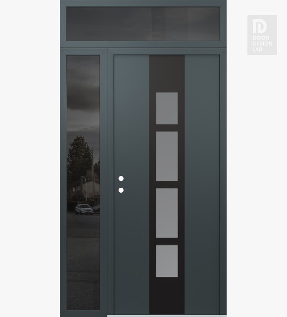 Modern Steel Front Door DIAMOND A10 52" X 96" ANTHRACITE/ANTHRACITE FROSTED GLASS PANEL BLACK RHI WITH SIDELITE AND TRANSOM MIRRORED GLASS
