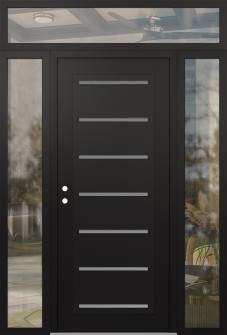 Diamond C11 68" x 96" black/white frosted Glass Panel black RHI with 2 Sidelites and Transom clear Glass