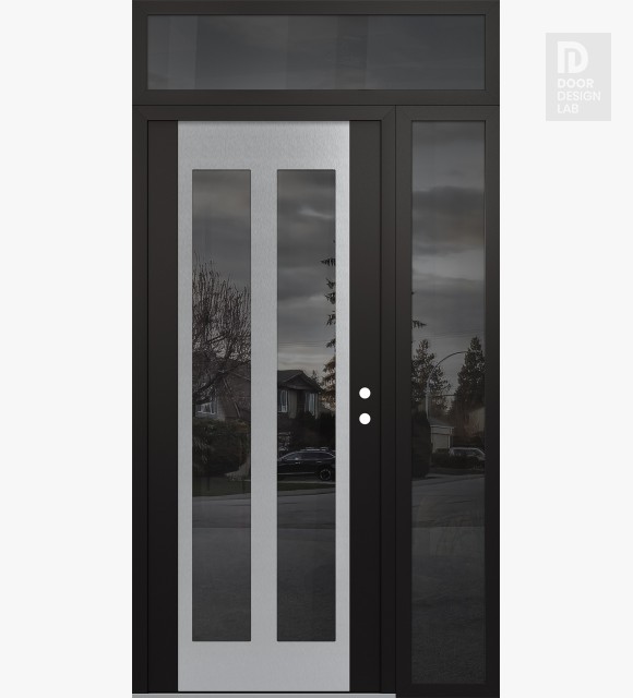 Modern Steel Front Door Diamond C14 48" x 96" black/black mirrored Glass Panel stainless steel LHI with Sidelite and Transom mirrored Glass