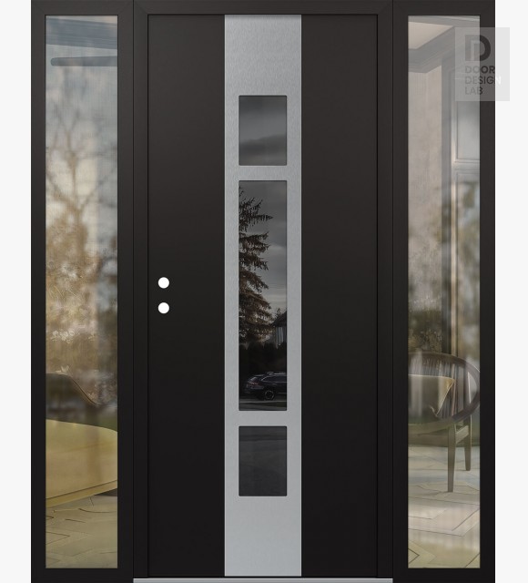 Modern Steel Front Door DIAMOND A9 68" X 80" BLACK/BLACK MIRRORED GLASS PANEL STAINLESS STEEL RHI WITH 2 SIDELITES CLEAR GLASS
