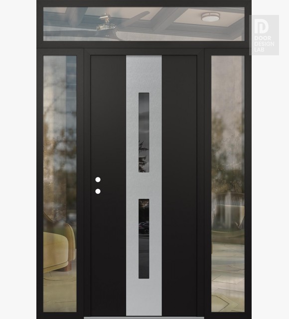 Modern Steel Front Door DIAMOND A6 68" X 96" BLACK/BLACK MIRRORED GLASS PANEL STAINLESS STEEL RHI WITH 2 SIDELITES AND TRANSOM CLEAR GLASS