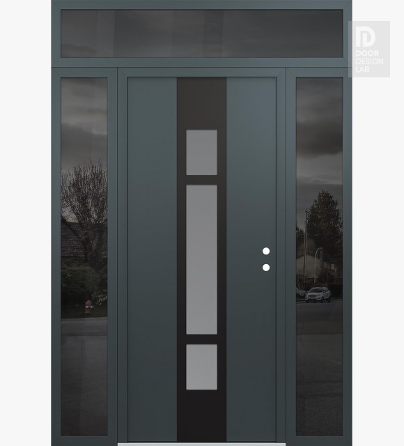 Modern Steel Front Door DIAMOND A9 60" X 96" ANTHRACITE/ANTHRACITE FROSTED GLASS PANEL BLACK LHI WITH 2 SIDELITES AND TRANSOM MIRRORED GLASS