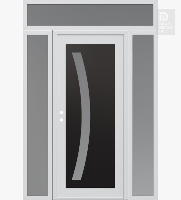 Modern Steel Front Door Diamond C4 60" x 96" white/white frosted Glass Panel black RHI with 2 Sidelites and Transom frosted Glass