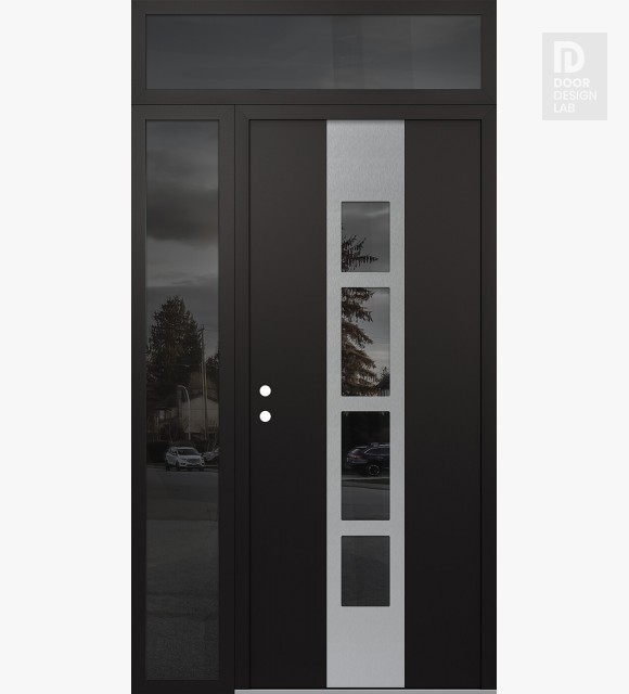 Modern Steel Front Door DIAMOND A10 50" X 96" BLACK/BLACK MIRRORED GLASS PANEL STAINLESS STEEL RHI WITH SIDELITE AND TRANSOM MIRRORED GLASS