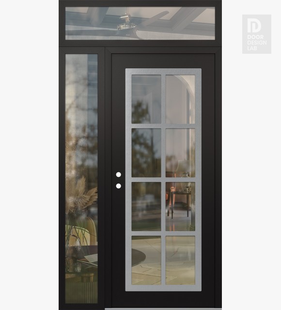 Modern Steel Front Door Diamond C16 50" x 96" black/black clear Glass Panel stainless steel RHI with Sidelite and Transom clear Glass