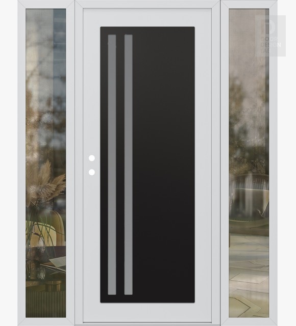 Modern Steel Front Door Diamond C6 68" x 80" white/white frosted Glass Panel black RHI with 2 Sidelites clear Glass