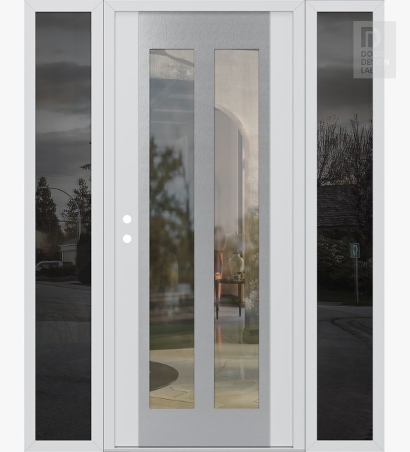 Modern Steel Front Door Diamond C14 64" x 80" white/white clear Glass Panel stainless steel RHI with 2 Sidelites mirrored Glass