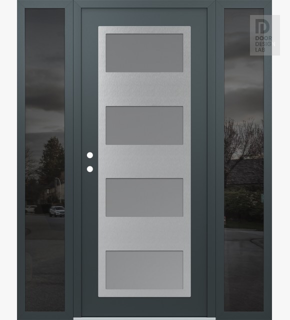 Modern Steel Front Door Diamond C2 68" x 80" anthracite/anthracite frosted Glass Panel stainless steel RHI with 2 Sidelites mirrored Glass