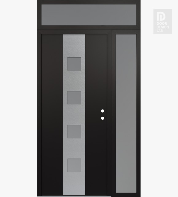 Modern Steel Front Door DIAMOND A12 48" X 96" BLACK/WHITE FROSTED GLASS PANEL STAINLESS STEEL LHI WITH SIDELITE AND TRANSOM FROSTED GLASS