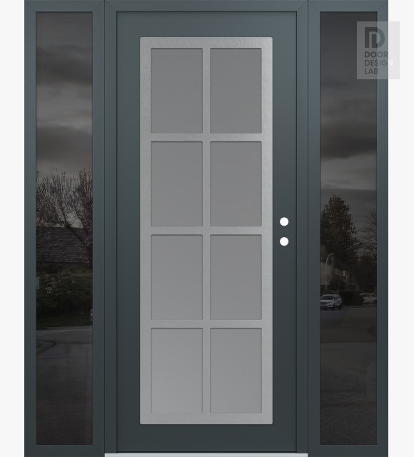 Modern Steel Front Door Diamond C16 68" x 80" anthracite/anthracite frosted Glass Panel stainless steel LHI with 2 Sidelites mirrored Glass