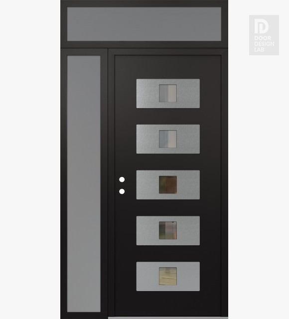 Modern Steel Front Door Diamond D8 50" x 96" black/black clear Glass Panel stainless steel RHI with Sidelite and Transom frosted Glass