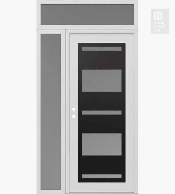 Modern Steel Front Door Diamond C10 52" x 96" white/white frosted Glass Panel black RHI with Sidelite and Transom frosted Glass