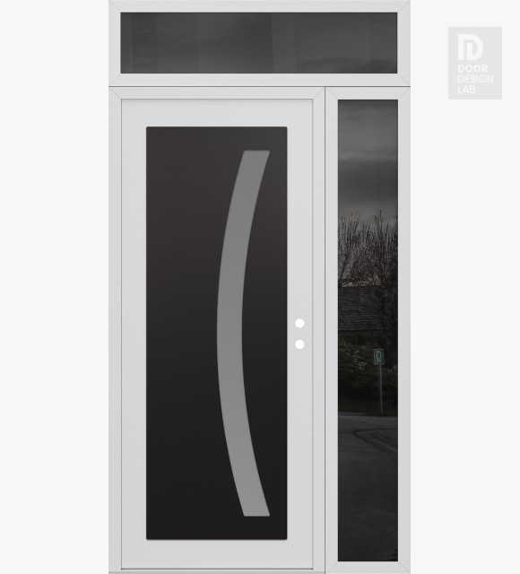 Modern Steel Front Door Diamond C4 50" x 96" white/white frosted Glass Panel black LHI with Sidelite and Transom mirrored Glass