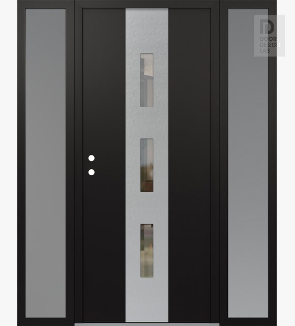 Modern Steel Front Door DIAMOND A7 60" X 80" BLACK/BLACK CLEAR GLASS PANEL STAINLESS STEEL RHI WITH 2 SIDELITES FROSTED GLASS