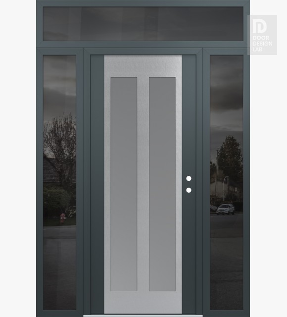 Modern Steel Front Door Diamond C14 60" x 96" anthracite/anthracite frosted Glass Panel stainless steel LHI with 2 Sidelites and Transom mirrored Glass