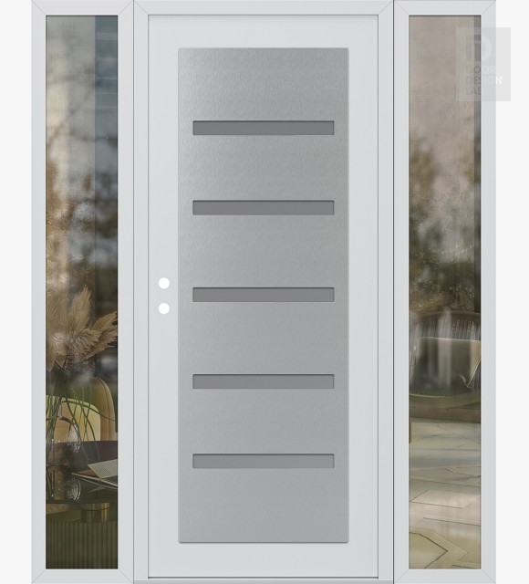 Modern Steel Front Door Diamond C7 64" x 80" white/white frosted Glass Panel stainless steel RHI with 2 Sidelites clear Glass