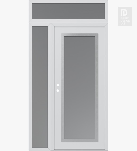 Modern Steel Front Door Diamond C1 50" x 96" white/white frosted Glass Panel stainless steel RHI with Sidelite and Transom frosted Glass