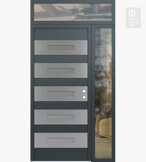 Modern Steel Front Door Diamond D9 50" x 96" anthracite/anthracite frosted Glass Panel stainless steel LHI with Sidelite and Transom clear Glass