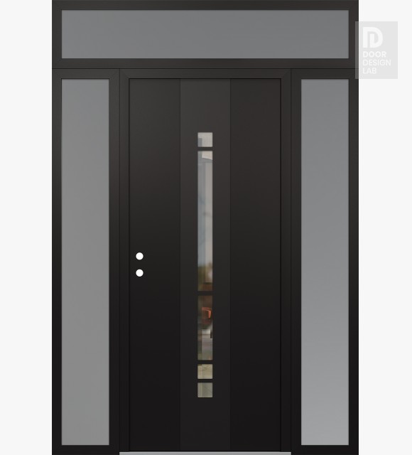 Modern Steel Front Door DIAMOND A3 60" X 96" BLACK/BLACK CLEAR GLASS PANEL BLACK RHI WITH 2 SIDELITES AND TRANSOM FROSTED GLASS