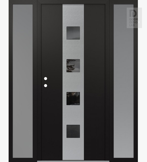 Modern Steel Front Door DIAMOND A12 60" X 80" BLACK/BLACK MIRRORED GLASS PANEL STAINLESS STEEL RHI WITH 2 SIDELITES FROSTED GLASS