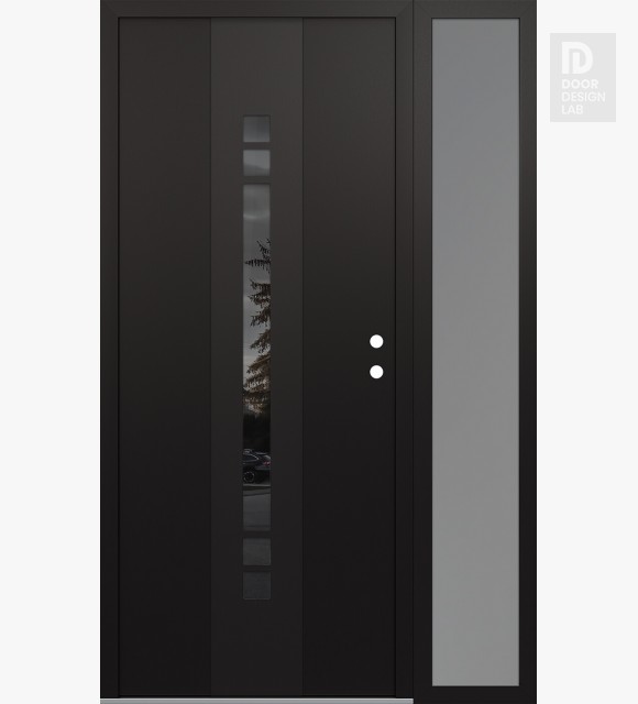 Modern Steel Front Door DIAMOND A4 50" X 80" BLACK/BLACK MIRRORED GLASS PANEL BLACK LHI WITH SIDELITE FROSTED GLASS