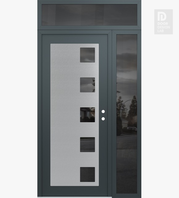 Modern Steel Front Door Diamond C5 52" x 96" anthracite/anthracite mirrored Glass Panel stainless steel LHI with Sidelite and Transom mirrored Glass