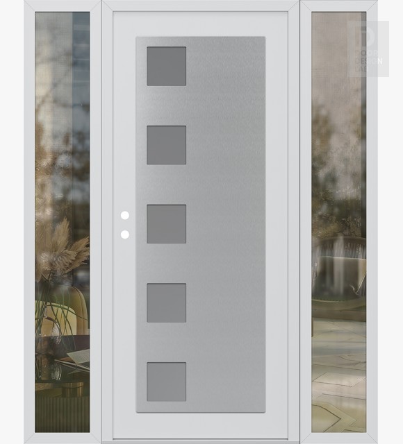 Modern Steel Front Door Diamond C5 68" x 80" white/white frosted Glass Panel stainless steel RHI with 2 Sidelites clear Glass