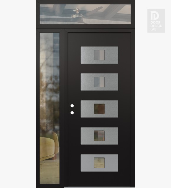 Modern Steel Front Door Diamond D8 52" x 96" black/black clear Glass Panel stainless steel RHI with Sidelite and Transom clear Glass