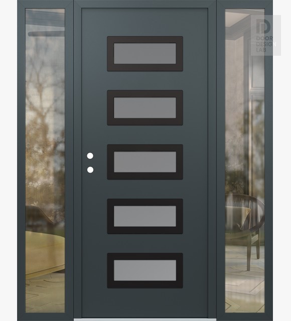 Modern Steel Front Door Diamond D1 60" x 80" anthracite/anthracite frosted Glass Panel black RHI with 2 Sidelites clear Glass