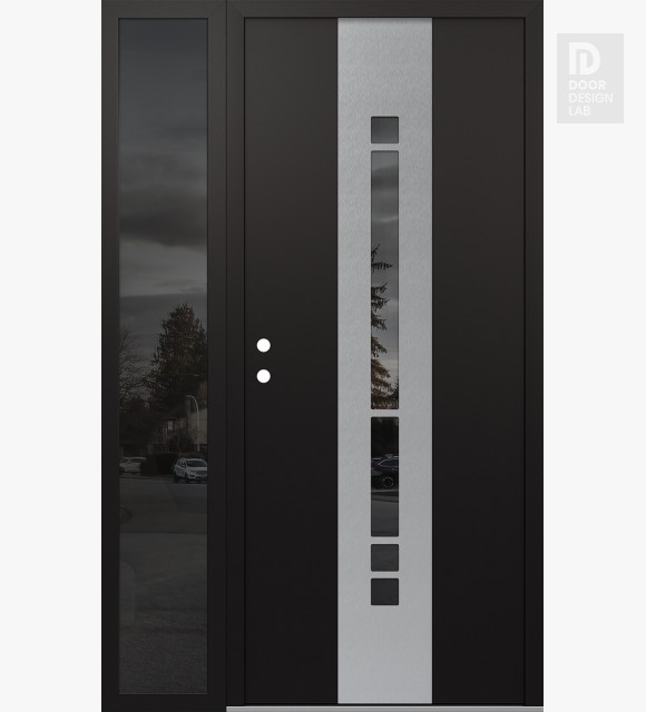 Modern Steel Front Door DIAMOND A3 50" X 80" BLACK/BLACK MIRRORED GLASS PANEL STAINLESS STEEL RHI WITH SIDELITE MIRRORED GLASS