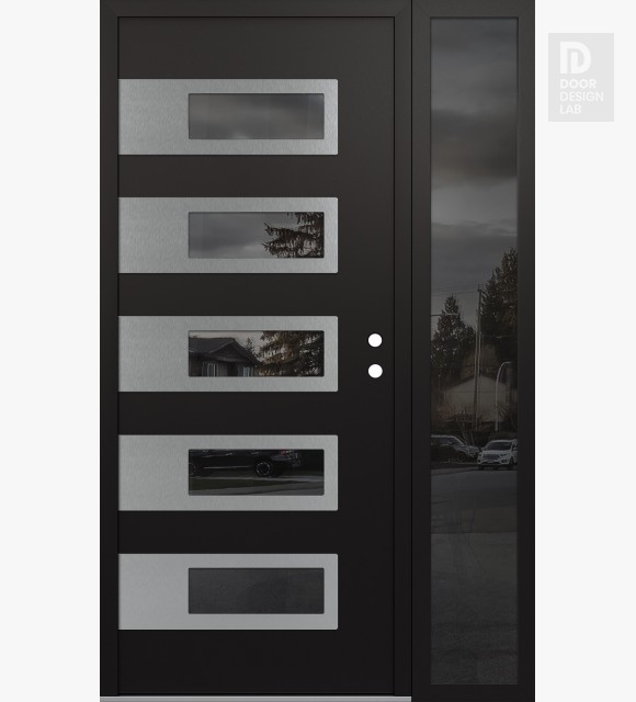 Modern Steel Front Door Diamond D3 48" x 80" black/black mirrored Glass Panel stainless steel LHI with Sidelite mirrored Glass