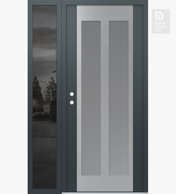 Modern Steel Front Door Diamond C14 52" x 80" anthracite/anthracite frosted Glass Panel stainless steel RHI with Sidelite mirrored Glass