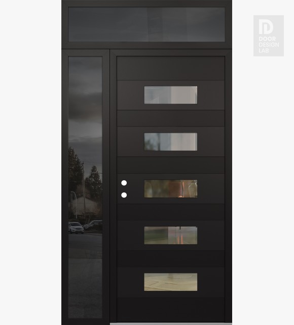 Modern Steel Front Door Diamond D5 52" x 96" black/black clear Glass Panel black RHI with Sidelite and Transom mirrored Glass