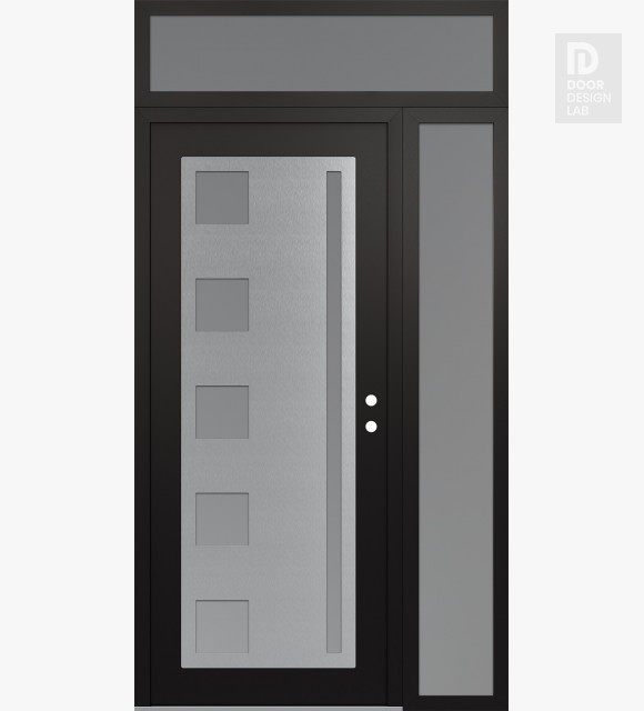 Modern Steel Front Door Diamond C3 50" x 96" black/white frosted Glass Panel stainless steel LHI with Sidelite and Transom frosted Glass