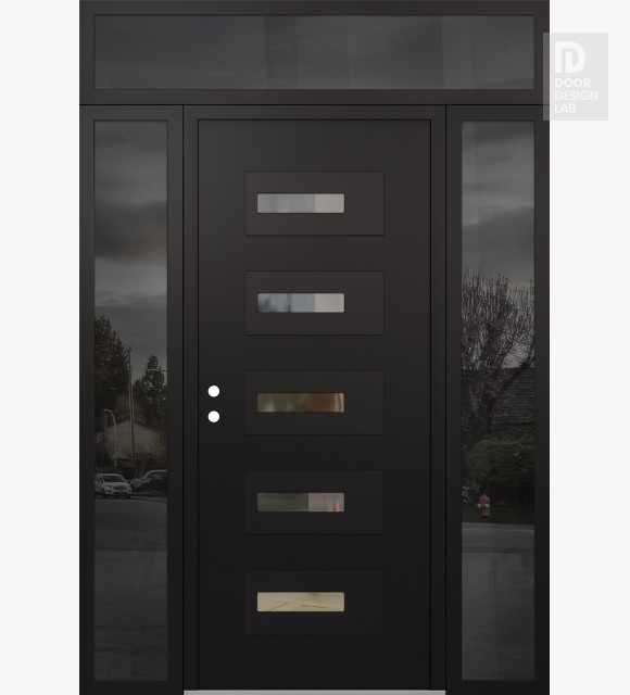 Modern Steel Front Door Diamond D6 68" x 96" black/black clear Glass Panel black RHI with 2 Sidelites and Transom mirrored Glass