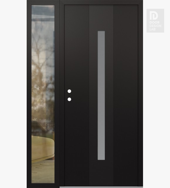 Modern Steel Front Door DIAMOND A2 52" X 80" BLACK/WHITE FROSTED GLASS PANEL BLACK RHI WITH SIDELITE CLEAR GLASS
