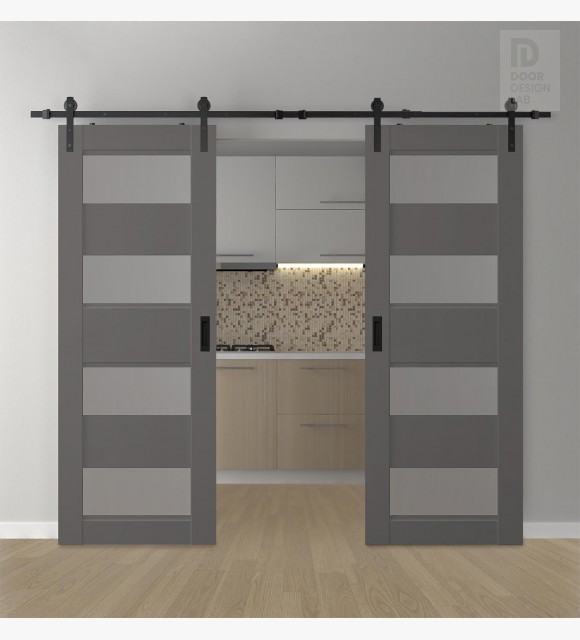 DOUBLE BARN DOOR AVON 07-08 VETRO GRAY MATTE 48" X 80" X 1 3/4" BLACK HARDWARE
