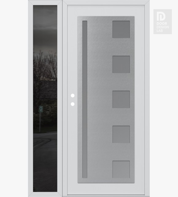Modern Steel Front Door Diamond C3 48" x 80" white/white frosted Glass Panel stainless steel LHI with Sidelite mirrored Glass