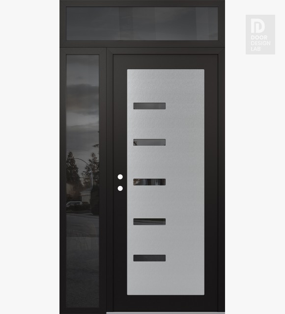 Modern Steel Front Door Diamond C8 50" x 96" black/black mirrored Glass Panel stainless steel RHI with Sidelite and Transom mirrored Glass